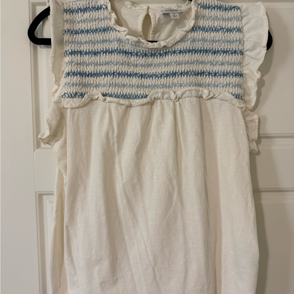 J. Crew Cream and Blue Smocked Top